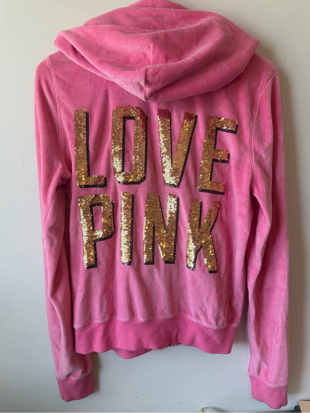 Victoria's Secret PINK Velour Pink Sequin Gold Bling Hoodie L